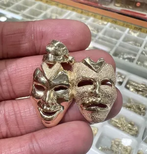 10K Solid yellow Gold Comedy Tragedy Mask Pendant Gold Unisex Pendant Theatre Pendant 3D Pendant, Drama Theater Actor Face Masks Pendant