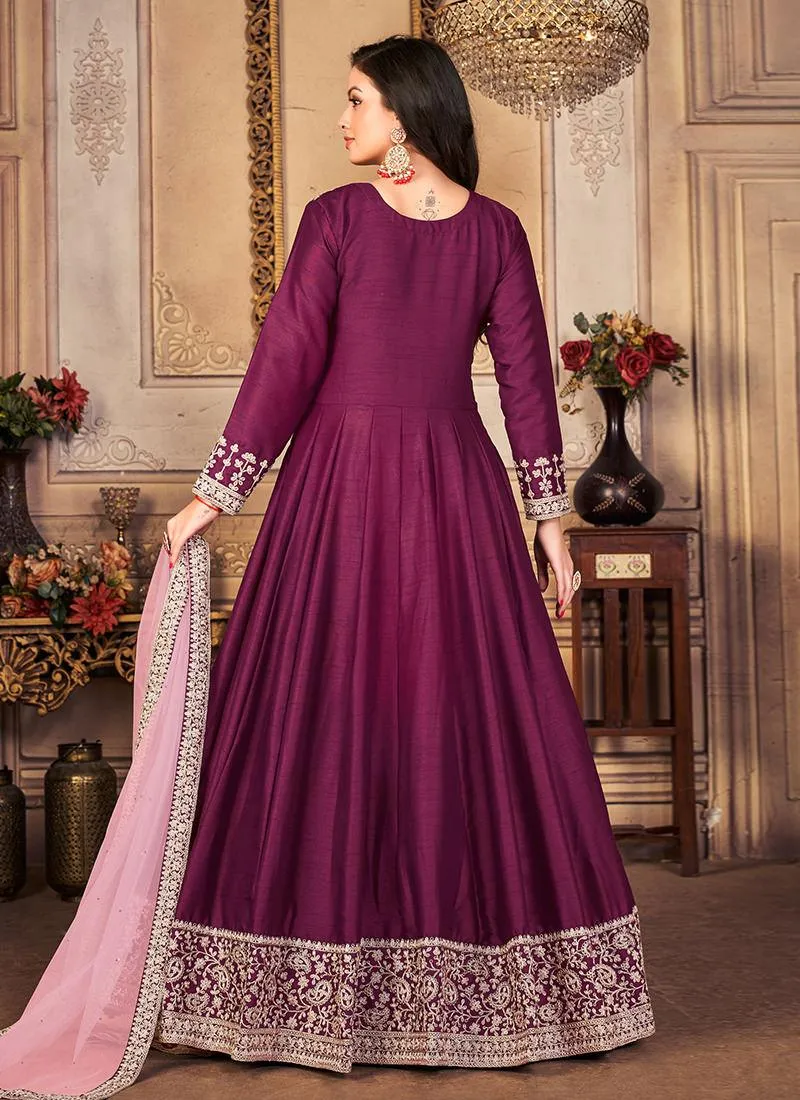 Art Silk Hot Pink Embroidered Gown