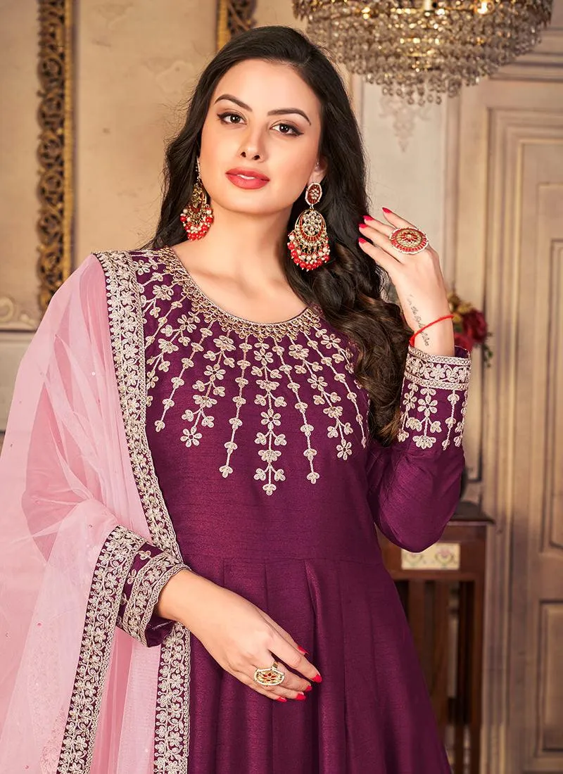Art Silk Hot Pink Embroidered Gown