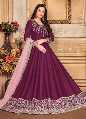 Art Silk Hot Pink Embroidered Gown