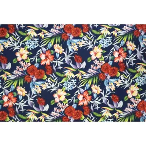 Ohia Lehua and Hibiscus 100% Cotton Fabric - Navy