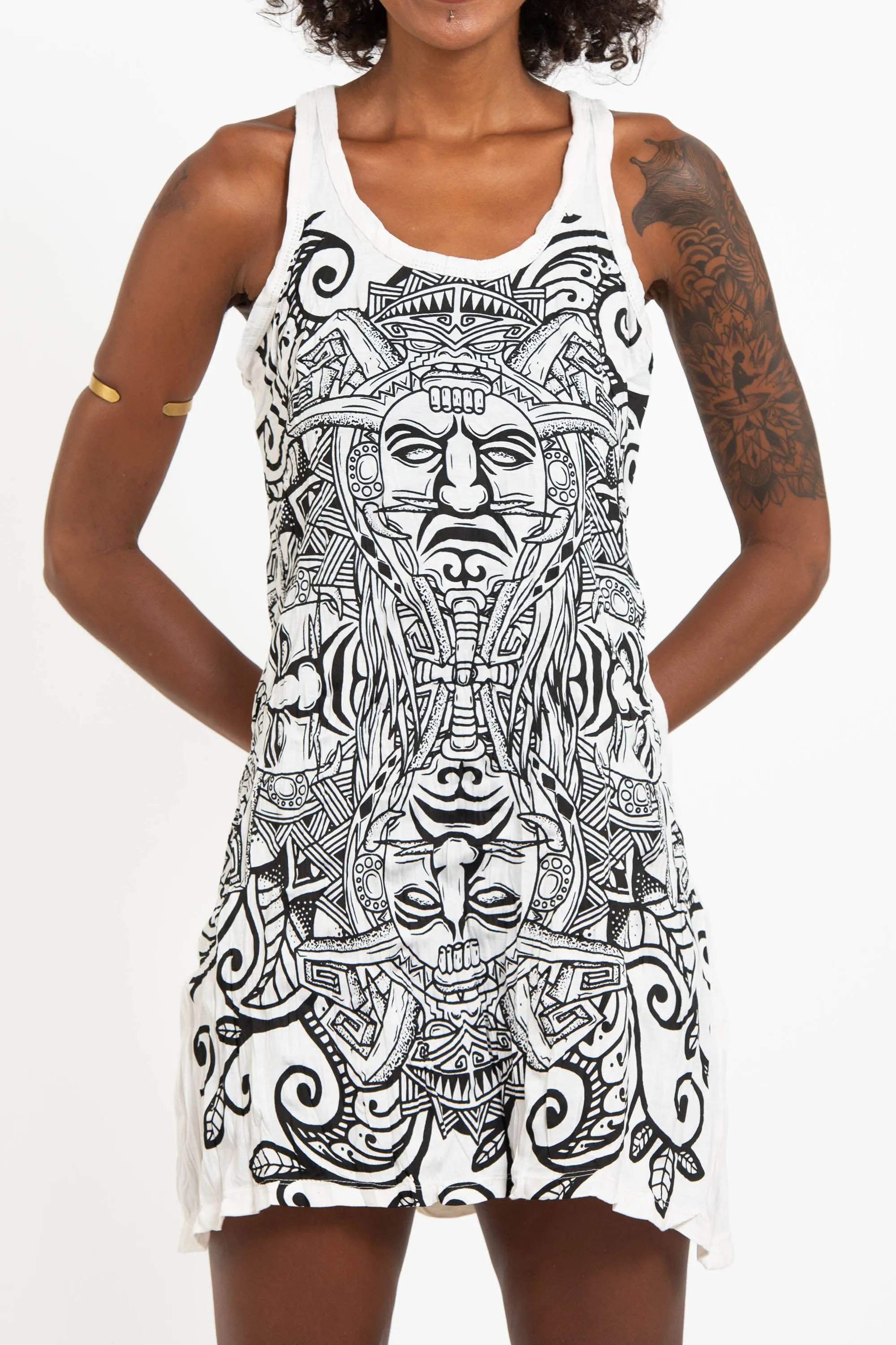 Womens Tribal Masks Tank Dress in White
